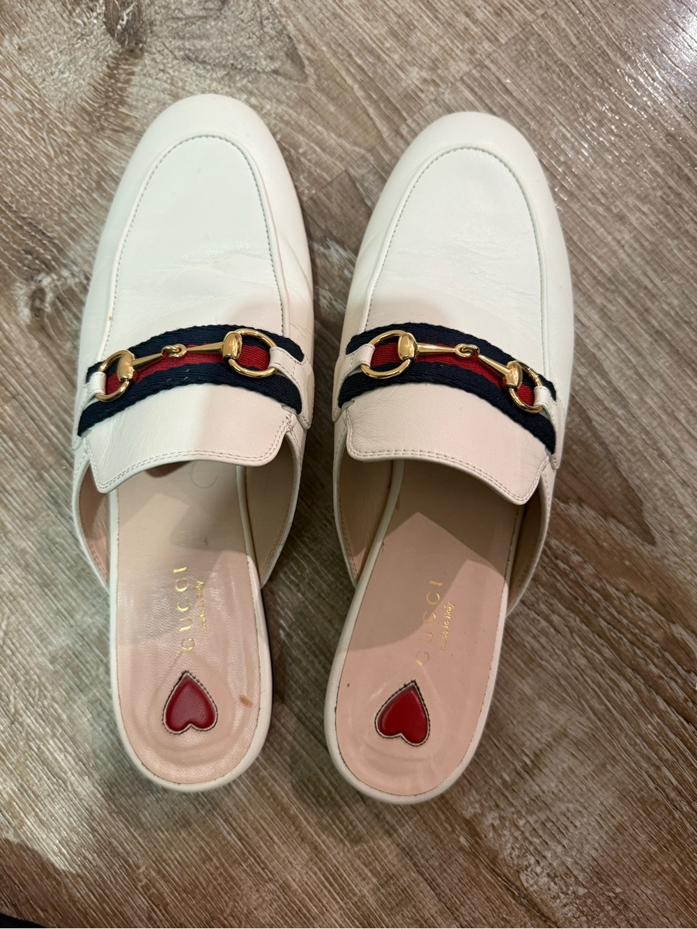 Gucci White Leather Horsebit Mules with Red-Blue Webbing
